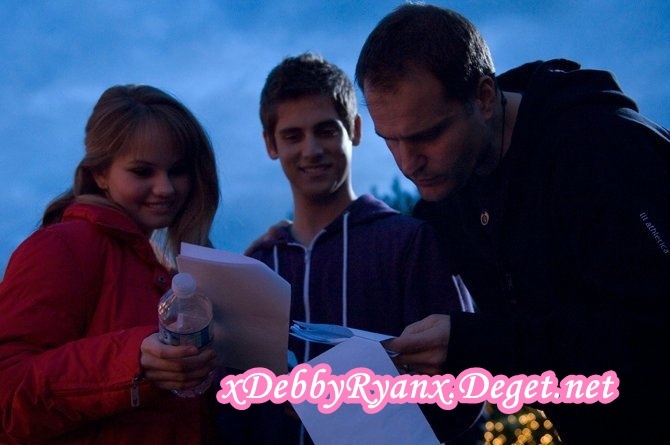 Jean Luc & I peeking at our scripts with the director, Peter Deluise. - Backstage 16 Wishes