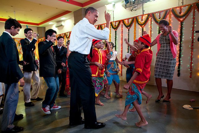 In India, the President was finally persuaded to join the First Lady on the dance floor at Holy Name