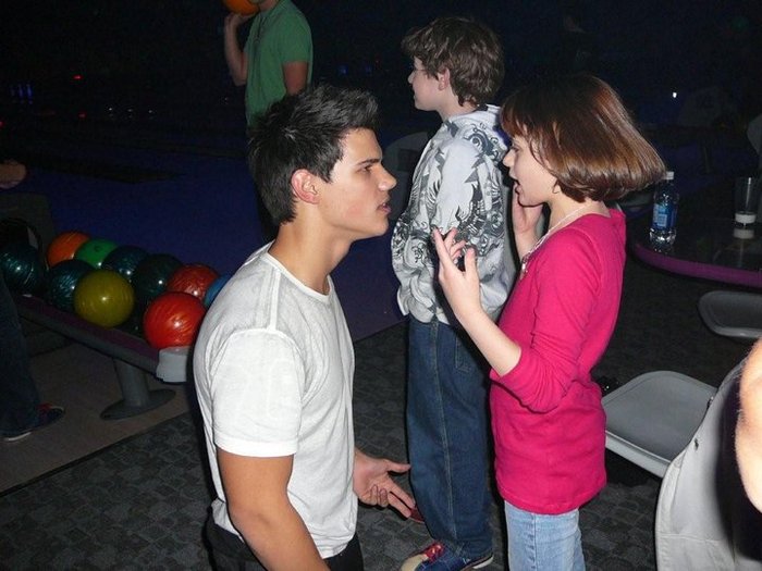 Taylor and I having a serious bowling discussion