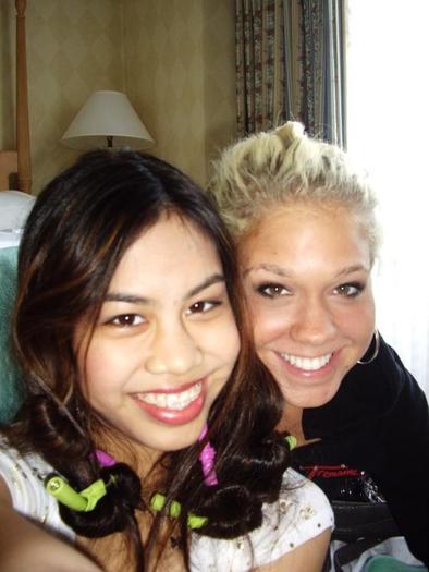 In the hotel room with Amanda. Yes, I have curlers in my hair - Dreams Come True music video shoot