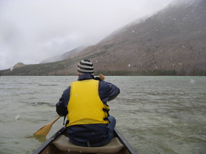 Canoeing thru a snow storm on Spirit Lake