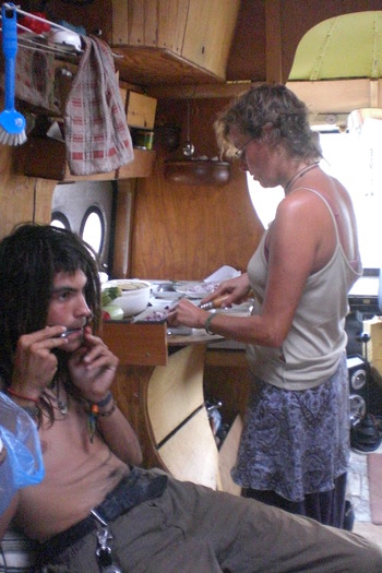 cooking time in Ingo's van - Greece Sept 2009