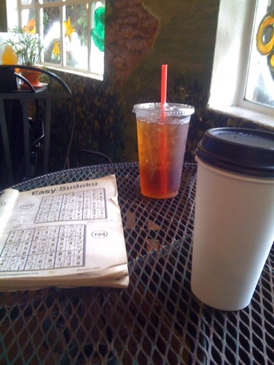 drove my dad to the coffeeshop. We're sipping teas &owning a Sudoku puzzle in record time.