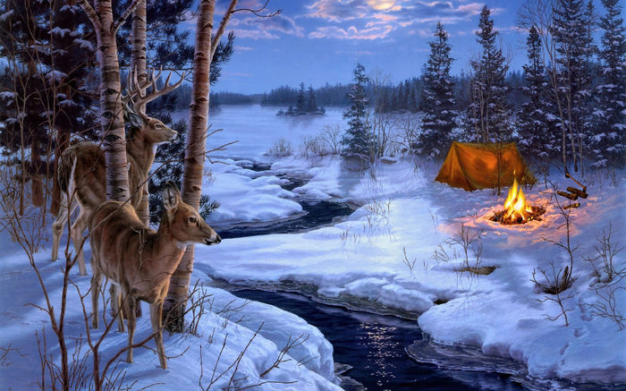 darrell-bush-moon-shadows-painting-winter-snow-animals-deer-moon-stream-tent-campfire_1920x1200_sc
