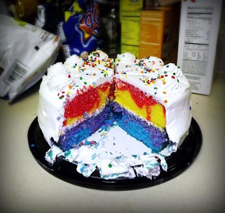 ; Cam bought me a rainbow cake for my birthday! It was So yummy! n.n

There were also rainbow candles 
