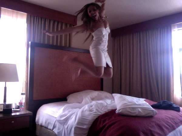 About to head to our next radio visit... justtt enough time for one more quick jump on the bed!! (Ma