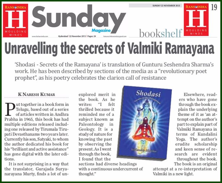 Hans India 22nd Nov 2015 copy - Shodasi Secrets of the Ramayana by Seshendra Sharma