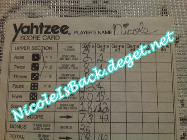 Yahtzee with @Britrivera and the family ! Found my old score card from when I was a wittle guurl